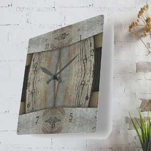 Falscher Rusted Metal and Barn Wood Wall Clock Quadratische Wanduhr