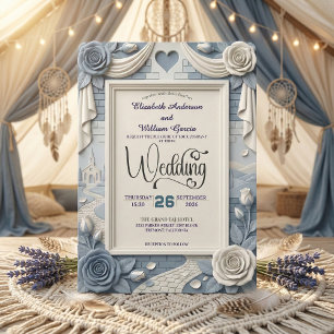 Falsches 3D Relief Staubig Blaue Blumige Hochzeit Einladung