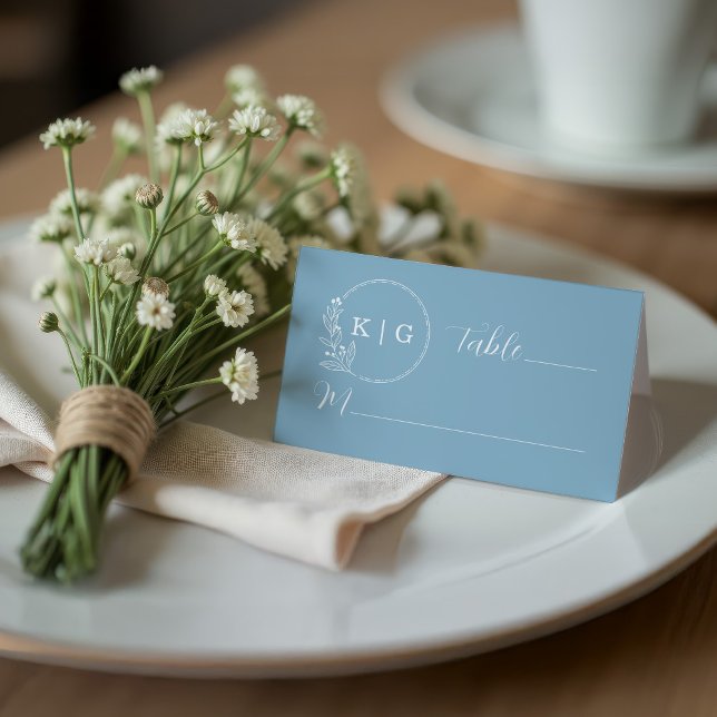 Falsches blaues Elegant-Hochzeitmonogramm Platzkarte (Dusty Blue Monogram wedding seating place cards)