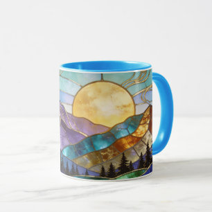 Falsches Buntglas Berg Sonnenaufgang Wald Tasse