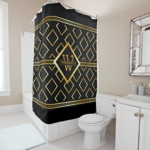 Falsches Gold-Achsen-Monogramm – Schwarz & Gold Duschvorhang