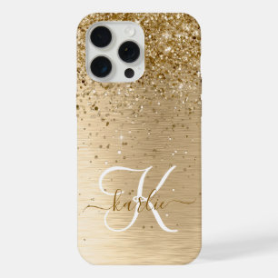 Falsches Gold gebürstetes Metall Glitter Monogramm iPhone 15 Pro Max Hülle