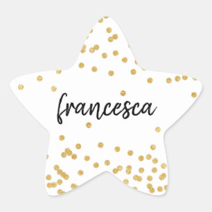 Falsches Goldkonfetti und Pinsel-Schriftname Stern-Aufkleber