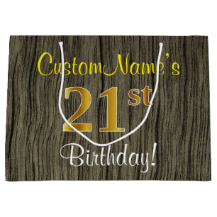 Falsches Holzdesign, falsches Gold 21. Geburtstag  Große Geschenktüte
