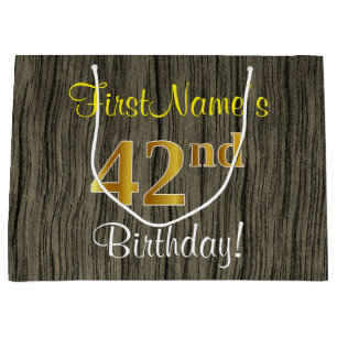 Falsches Holzdesign, falsches Gold 42. Geburtstag Große Geschenktüte