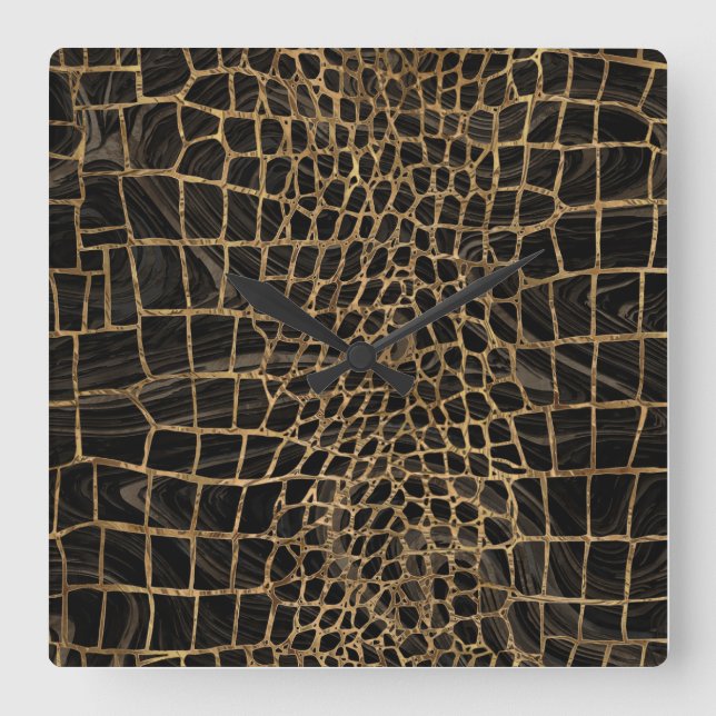 Falsches Krokodil Black Liquid Marble and Gold Quadratische Wanduhr (Vorderseite)