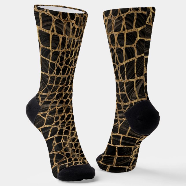 Falsches Krokodil Black Liquid Marble and Gold Socken (Gewinkelt)