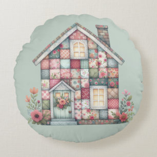 Falsches Patchwork Cottagecore Blumenhaus Rundes Kissen