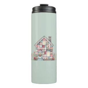 Falsches Patchwork Cottagecore Blumenhaus Thermosbecher