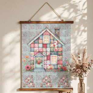 Falsches Patchwork Cottagecore Blumenhaus Wandteppich Mit Holzrahmen