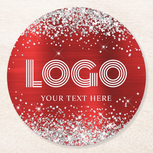 Falsches Silber-Glitter Roter Folien-Logo Runder Pappuntersetzer (Vorderseite)