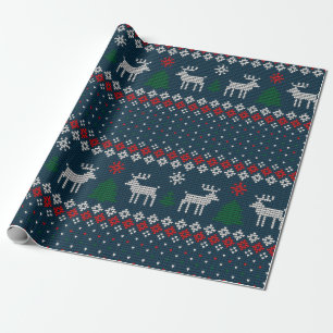 Falsches Strickmuster Weihnachtsbaum und Hirsch Geschenkpapier