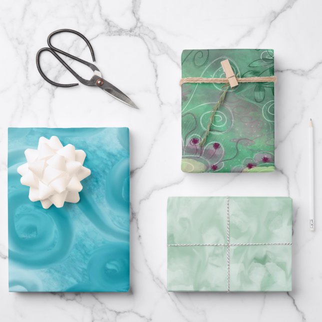 Faltblatt Set 3pc Abstrakt Blue Green Geschenkpapier Set (Vorderseite)