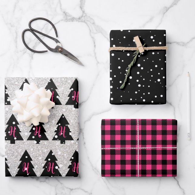 Faltblätter für Fuchsia- und Schwarz-Monogramm Geschenkpapier Set (Vorderseite)