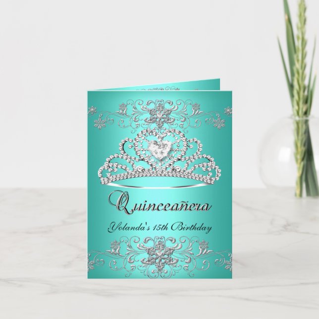 Faltkarte Quinceanera Aquamariner Glitzer Tiara Fo Einladung (Vorderseite)