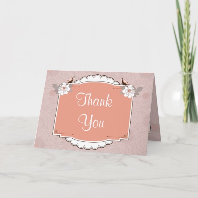 Faltschachtel: Pink/Brown Floral Love Birds Dankeskarte (Vorderseite)