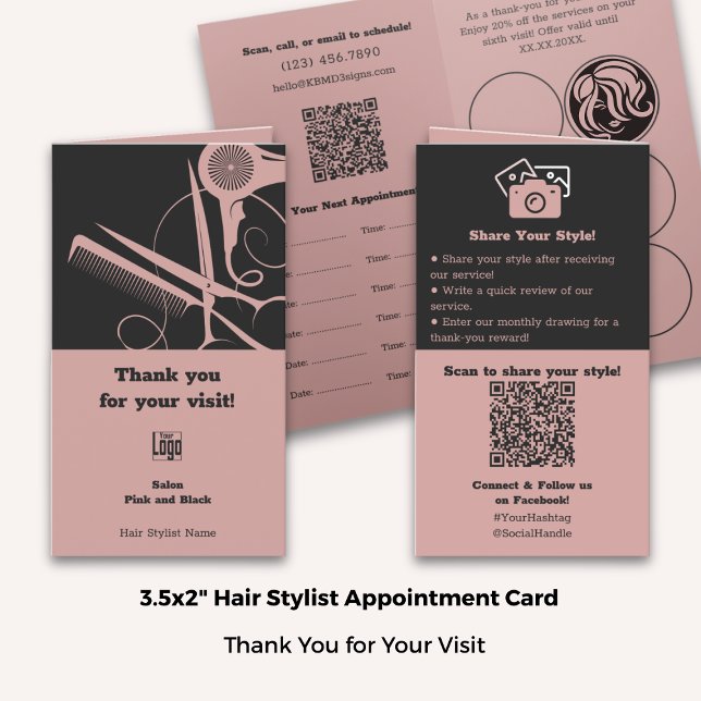 Falzhair Stylist Pink Black Loyalty Vielen Dank un Terminkarte (Folded Hair Stylist Pink Black Loyalty Thank You & Appointment Card; Standard Size 3.5x2 Inch)