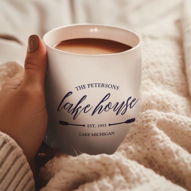 Familiäres Haus Vermietung Nautic Custom Deco Kaffeetasse (Lake House Family Name Vacation Rental Custom Decor Nautical Coastal Oar Navy Script Unique Rustic)