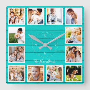 Familie 12 Fotos Aquamarines Holz Collage Quadratische Wanduhr