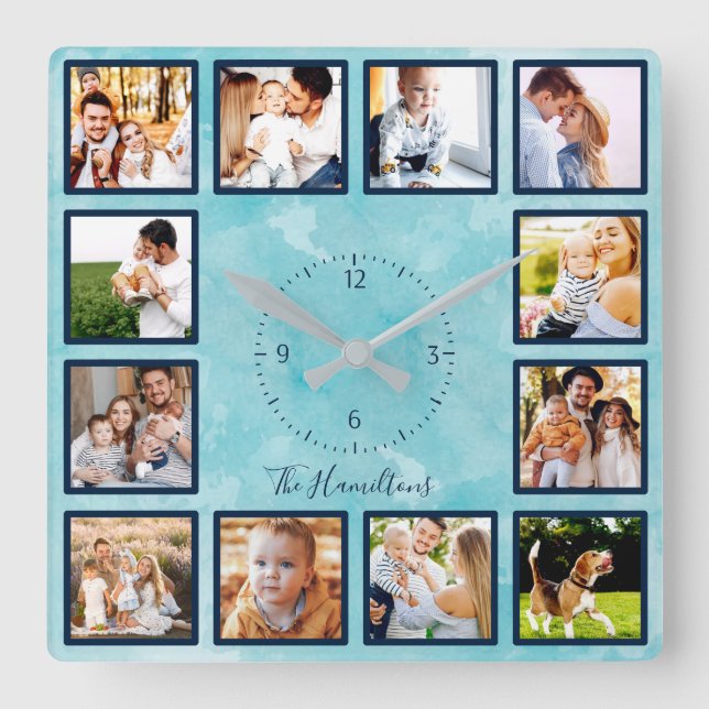 Familie 12 Fotos Collage Blue Watercolor Quadratische Wanduhr (Vorderseite)