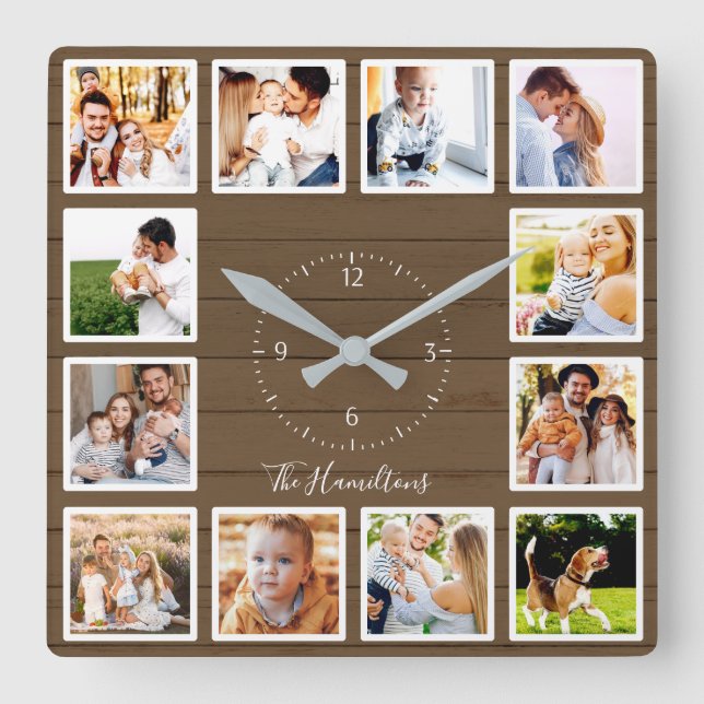 Familie 12 Fotos Collage Brown Wood Quadratische Wanduhr (Vorderseite)