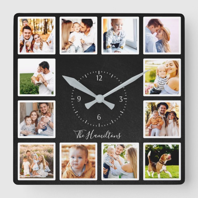 Familie 12 Fotos Collage Chic Chic Black Chalk Quadratische Wanduhr (Vorderseite)