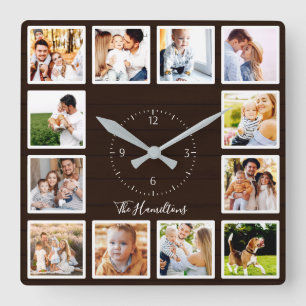 Familie 12 Fotos Collage Dark Brown Wood Quadratische Wanduhr