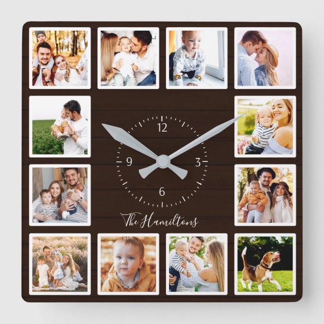 Familie 12 Fotos Collage Dark Brown Wood Quadratische Wanduhr (Vorderseite)