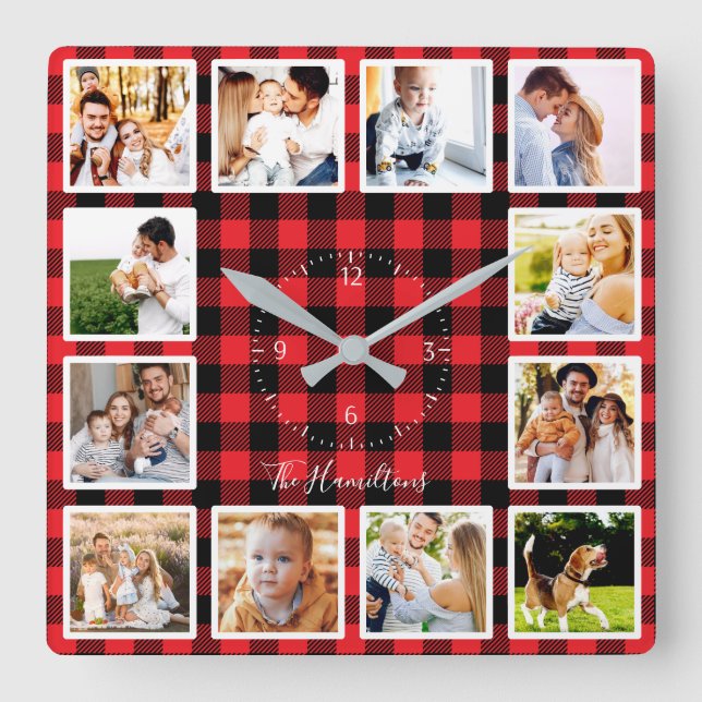 Familie 12 Fotos Collage Rustic Lumberjack Muster Quadratische Wanduhr (Vorderseite)