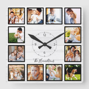 Familie 12 Fotos Collage Weiß Holz Quadratische Wanduhr