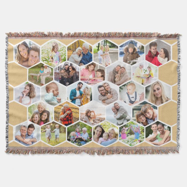 Familie 28 Foto Collage Honey Beige Honeycomb Decke (Vorderseite)