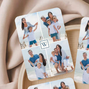 Familie 4-Foto-Collage Blaues Monogramm Spielkarten