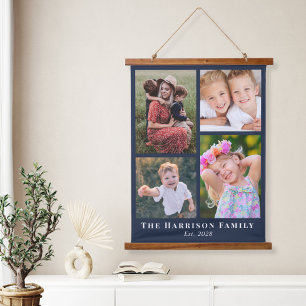 Familie 4 Foto Collage Blue Wandteppich Mit Holzrahmen