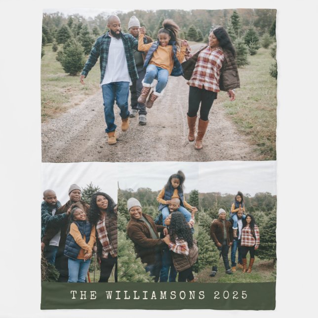 Familie 4 Foto Collage Individuelle Name Grün Weih Fleecedecke (Vorderseite)