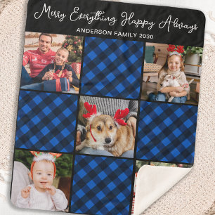 Familie 5 Foto Collage Personalisiert Blue Kariert Sherpadecke