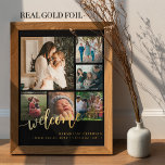 Familie 6 Foto Collage willkommen neues Baby Foliendrucke<br><div class="desc">Elegante moderne Begrüßungsfolien handgeschriebene Kalligraphie-Skripte mit sechs eigenen Fotos aus schwarzem Sake-Plakat.                Personalisieren Sie es mit dem Neugeborenen und den Statistiken. Bitte beachten Sie,  dass die Hintergrundfarbe geändert werden kann. Sie können das Schwarz durch eine andere Farbe ersetzen,  nachdem Sie die Option CUSTOMIZE ausgewählt haben.</div>