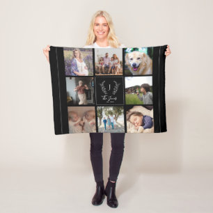 Familie 8 Foto-Collage Monogramm Name elegant schw Fleecedecke