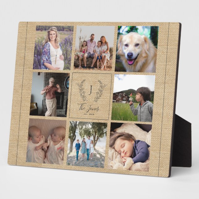 Familie 8 Foto-Collage Monogramm Name rustikal Fotoplatte (Seite)