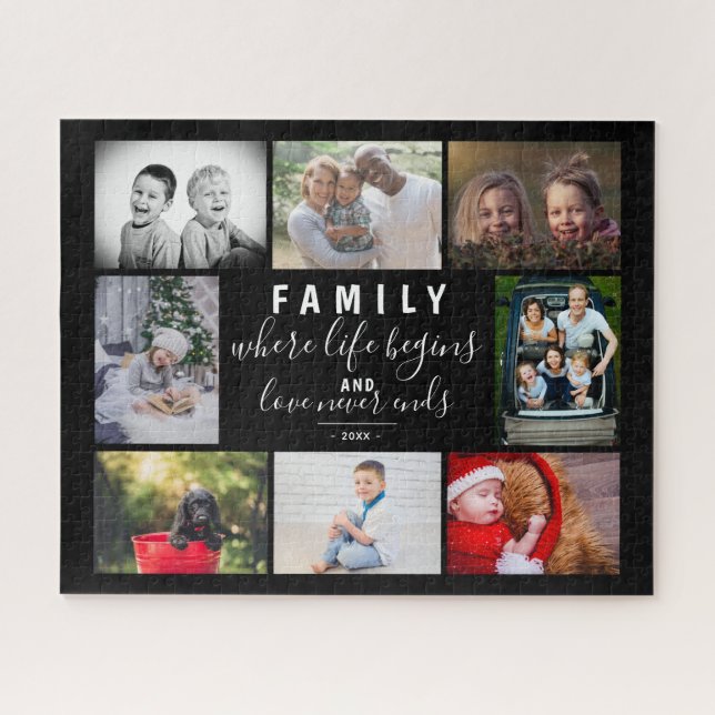 Familie 8 Foto Collage Sprichwort Script Schwarz Puzzle (Horizontal)