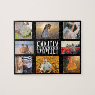 Familie 8 Foto Collage und Name DIY Vorlage Schwar Puzzle
