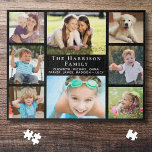 Familie 8 FotoCollage Black Puzzle<br><div class="desc">Ein lustiges schwarzes Puzzle für Familienspielabende mit einer 8-Foto-Collage von Kindern,  anderen Familienmitgliedern,  Haustieren,  etc.,  Ihrem Familiennamen in eleganter weißer Schrift und allen Vornamen in moderner weißer Typografie.</div>
