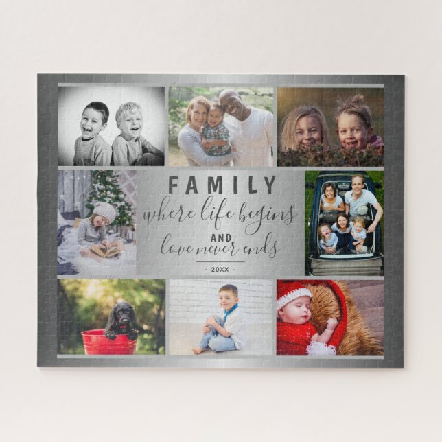 Familie 8 FotoCollage Silver Sprichwort Trendskrip Puzzle (Horizontal)