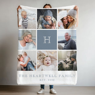 Familie 8 Fotolollage Monogram Dusty Blue Fleecedecke
