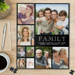 Familie 9 FotoCollage Puzzle<br><div class="desc">Ein individuelles 9 Foto Collage Rätsel für Ihre Familie mit Ihren Lieblingsbildern und "Family" und Ihren Namen in der weißen Typografie vor schwarzem Hintergrund. Die Farben des Hintergrundes und des Textes können durch Editieren im Entwurfswerkzeug geändert werden.</div>