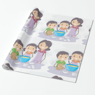 Familie backt zusammen Mama und Kinder kochen Geschenkpapier