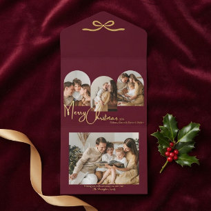 Familie Burgund Gold Eleganter Weihnachtsbogen All-in-One-Einladung