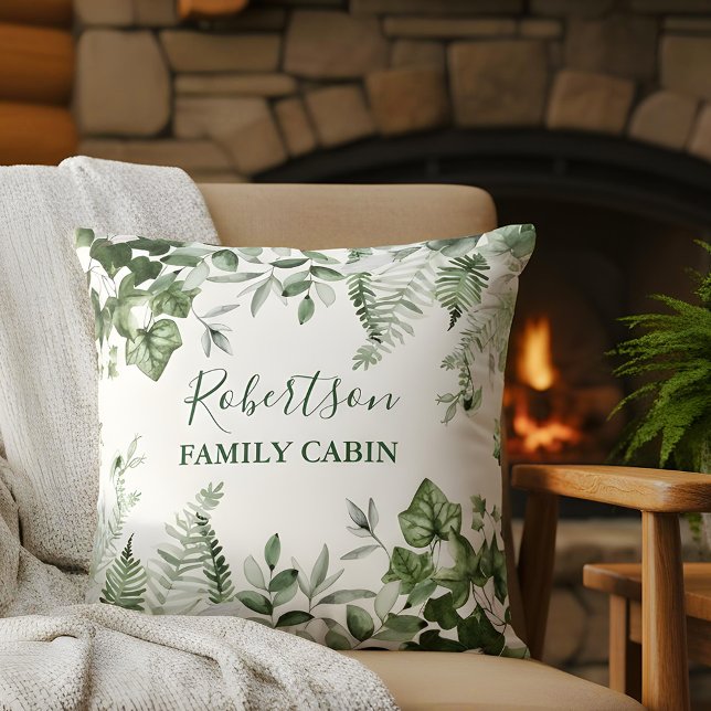 Familie Cabin Watercolor Ivy Sage Ferns Botanisch Kissen (Customize to change text size, style or color.)