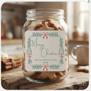 Familie Creme Grün Rot Frohe Weihnachten Kranz  Quadratischer Aufkleber