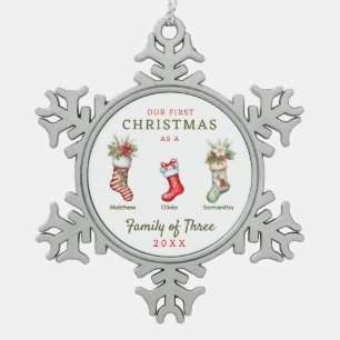 Familie der drei ersten Weihnachten Schneeflocken Zinn-Ornament