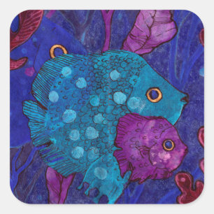 Familie der Fische, Unterwasser, Blau und Lila Quadratischer Aufkleber